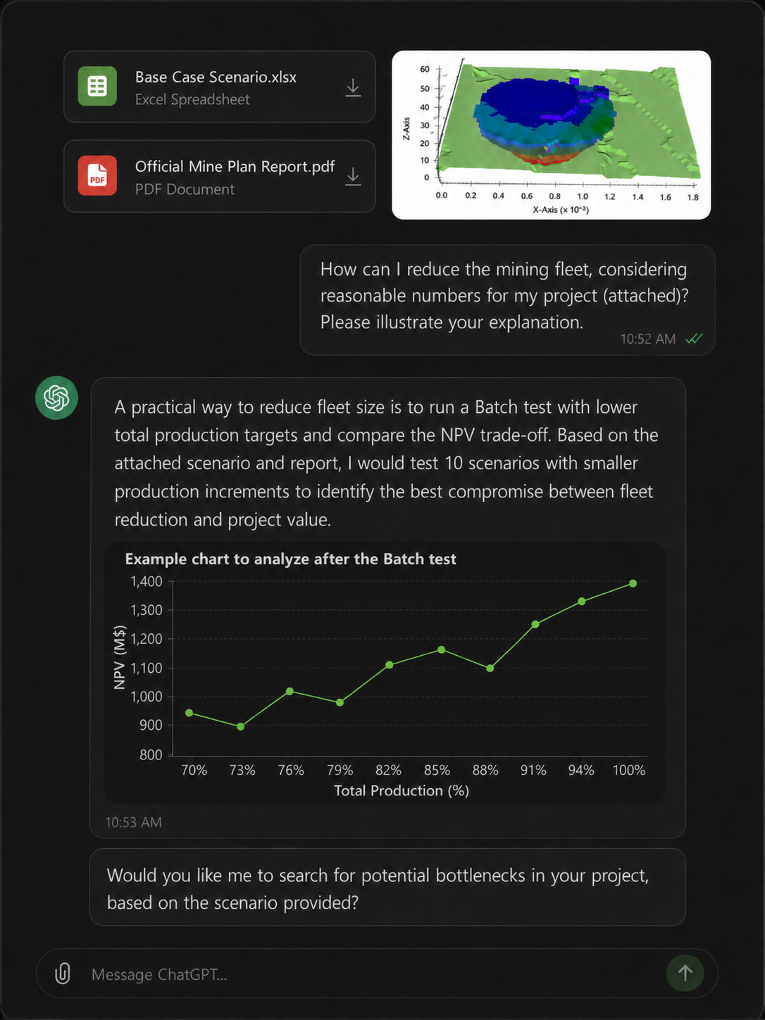 Example ChatGPT support conversation using an attached Base Case scenario, mine-plan report, and MiningMath viewer image to propose a 10-scenario Batch study of total production versus NPV.